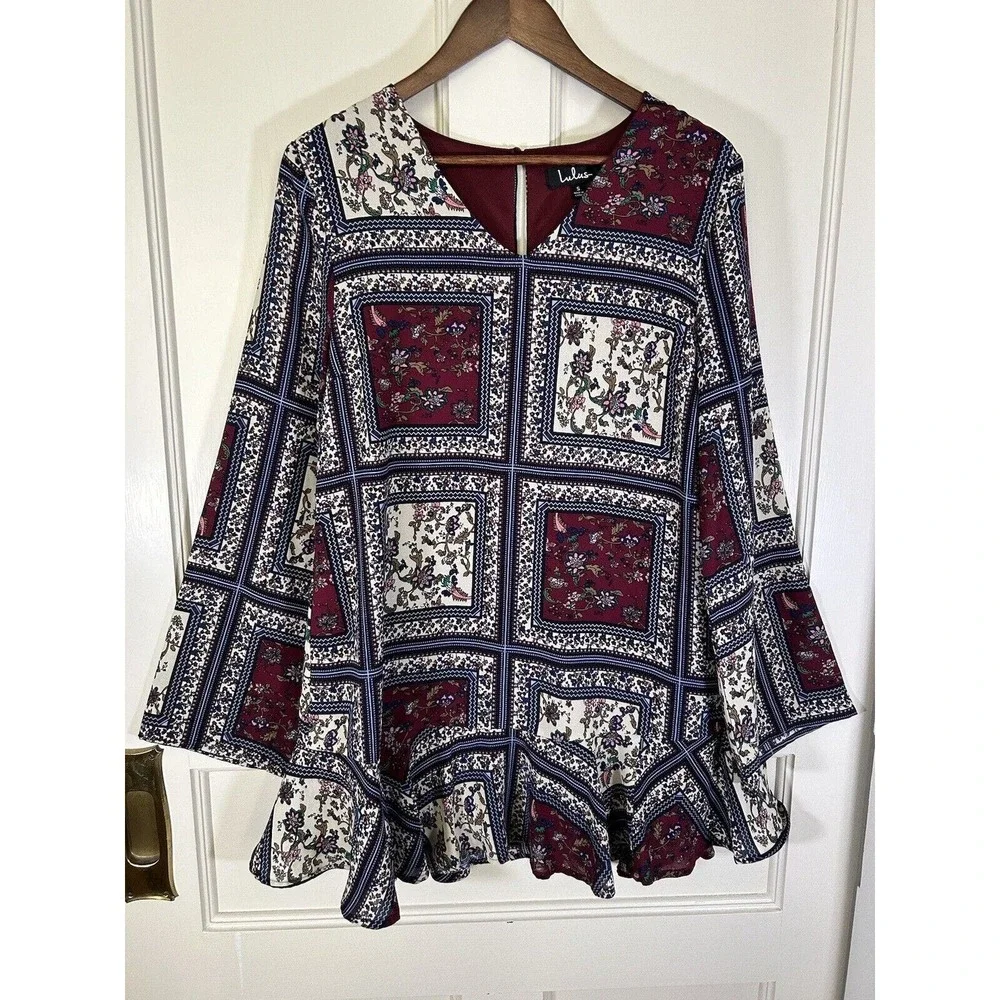 Lulus Women’s Crack A Smile Cream And Plum Multi Print Shift Dress Small - Picture 4 of 13